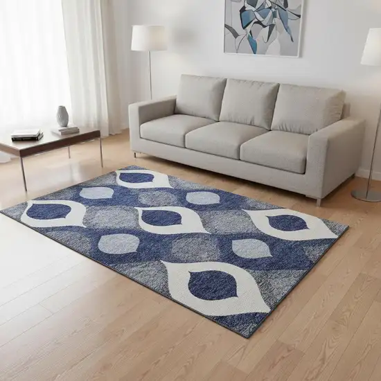 Navy Blue Ivory And Gray Ogee Washable Area Rug With UV Protection Photo 2