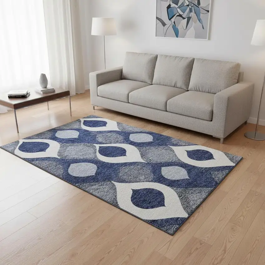 Navy Blue Ivory And Gray Ogee Washable Area Rug With UV Protection Photo 2