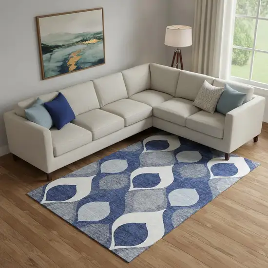 Navy Blue Ivory And Gray Ogee Washable Area Rug With UV Protection Photo 1