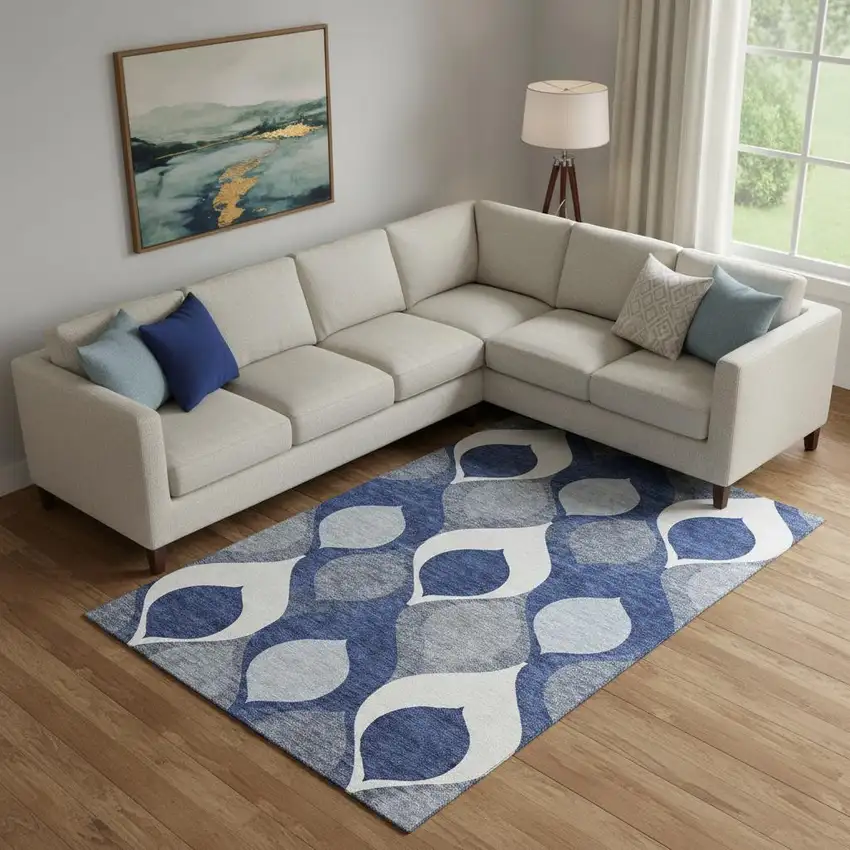 Navy Blue Ivory And Gray Ogee Washable Area Rug With UV Protection Photo 1