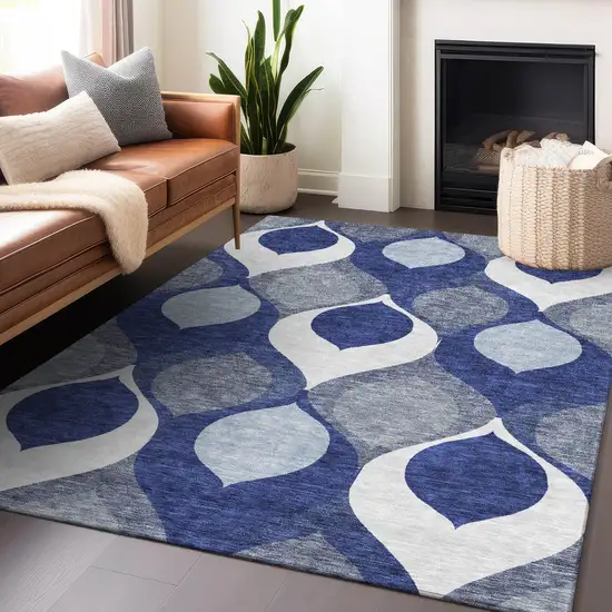 Navy Blue Ivory And Gray Ogee Washable Area Rug With UV Protection Photo 6
