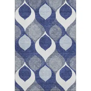 Photo of Navy Blue Ivory And Gray Ogee Washable Area Rug With UV Protection