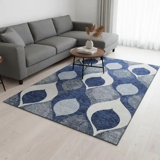 Navy Blue Ivory And Gray Ogee Washable Area Rug With UV Protection Photo 2