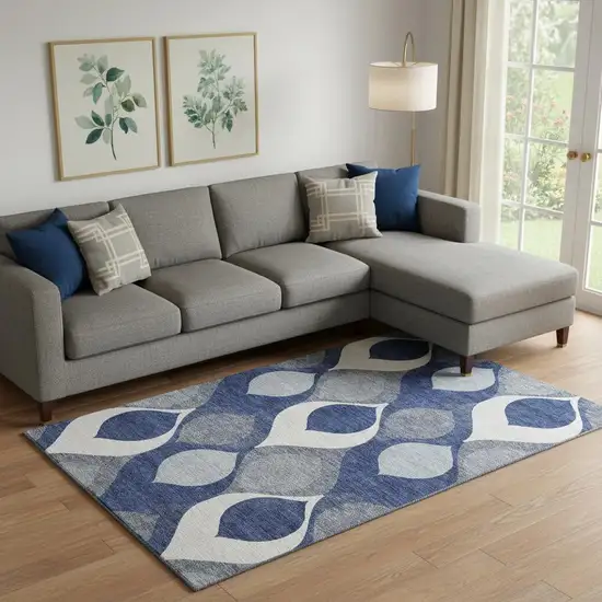 Navy Blue Ivory And Gray Ogee Washable Area Rug With UV Protection Photo 1