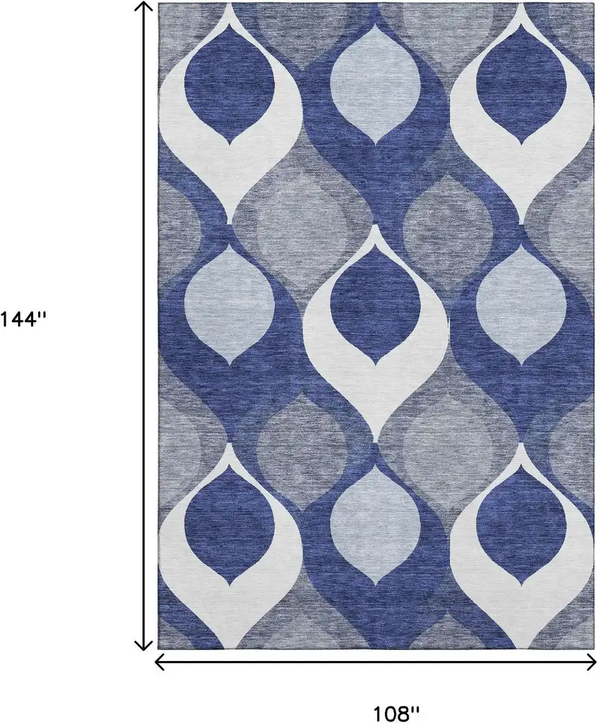 Navy Blue Ivory And Gray Ogee Washable Area Rug With UV Protection Photo 3