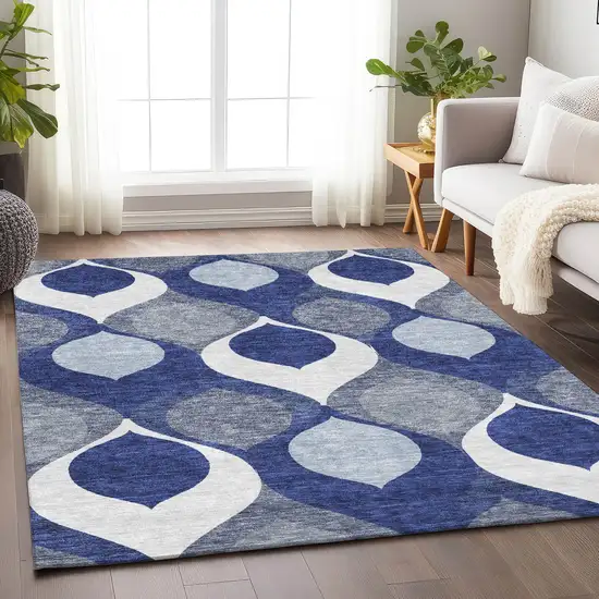 Navy Blue Ivory And Gray Ogee Washable Area Rug With UV Protection Photo 5