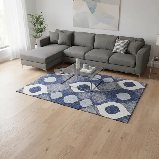 Navy Blue Ivory And Gray Ogee Washable Area Rug With UV Protection Photo 2