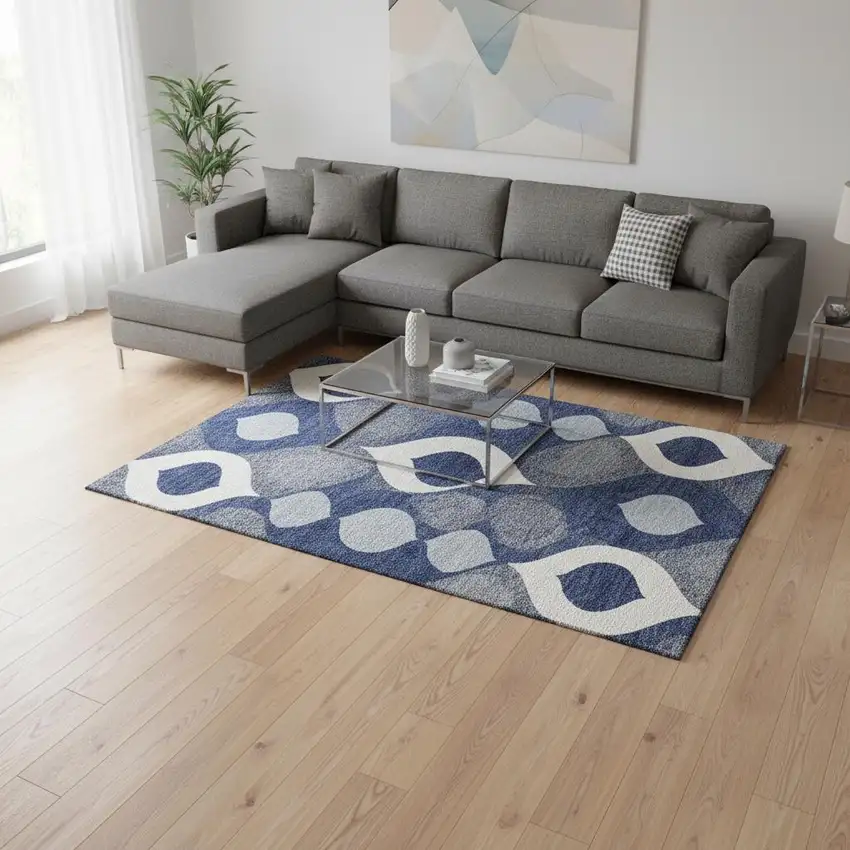 Navy Blue Ivory And Gray Ogee Washable Area Rug With UV Protection Photo 2