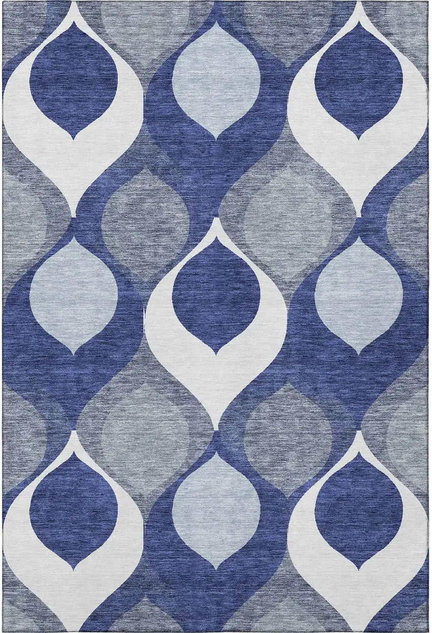 Navy Blue Ivory And Gray Ogee Washable Area Rug With UV Protection Photo 4