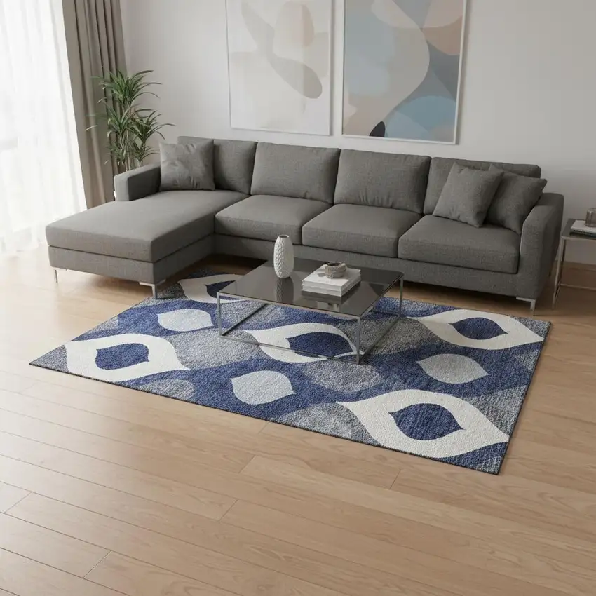 Navy Blue Ivory And Gray Ogee Washable Area Rug With UV Protection Photo 2