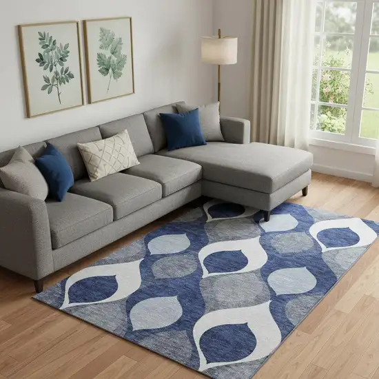 Navy Blue Ivory And Gray Ogee Washable Area Rug With UV Protection Photo 1