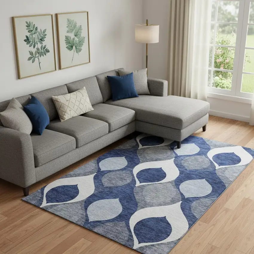 Navy Blue Ivory And Gray Ogee Washable Area Rug With UV Protection Photo 1