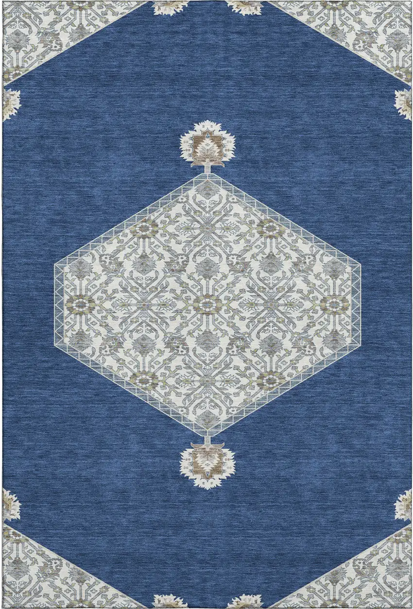Navy Blue Ivory And Gray Oriental Washable Area Rug With UV Protection Photo 1