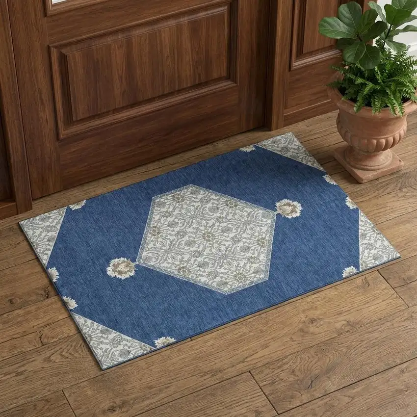 Navy Blue Ivory And Gray Oriental Washable Area Rug With UV Protection Photo 1