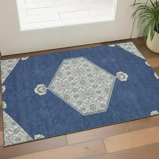 Navy Blue Ivory And Gray Oriental Washable Area Rug With UV Protection Photo 2