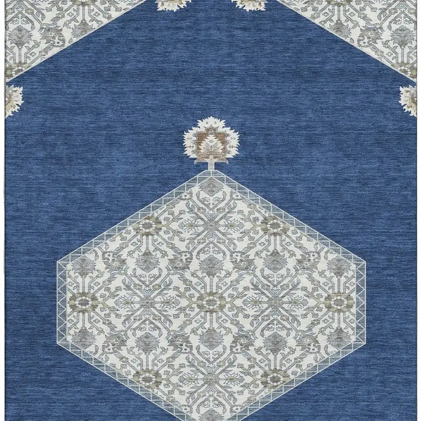Navy Blue Ivory And Gray Oriental Washable Area Rug With UV Protection Photo 2