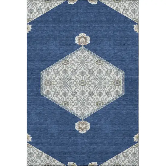 Navy Blue Ivory And Gray Oriental Washable Area Rug With UV Protection Photo 3