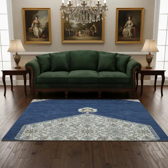 Navy Blue Ivory And Gray Oriental Washable Area Rug With UV Protection Photo 2