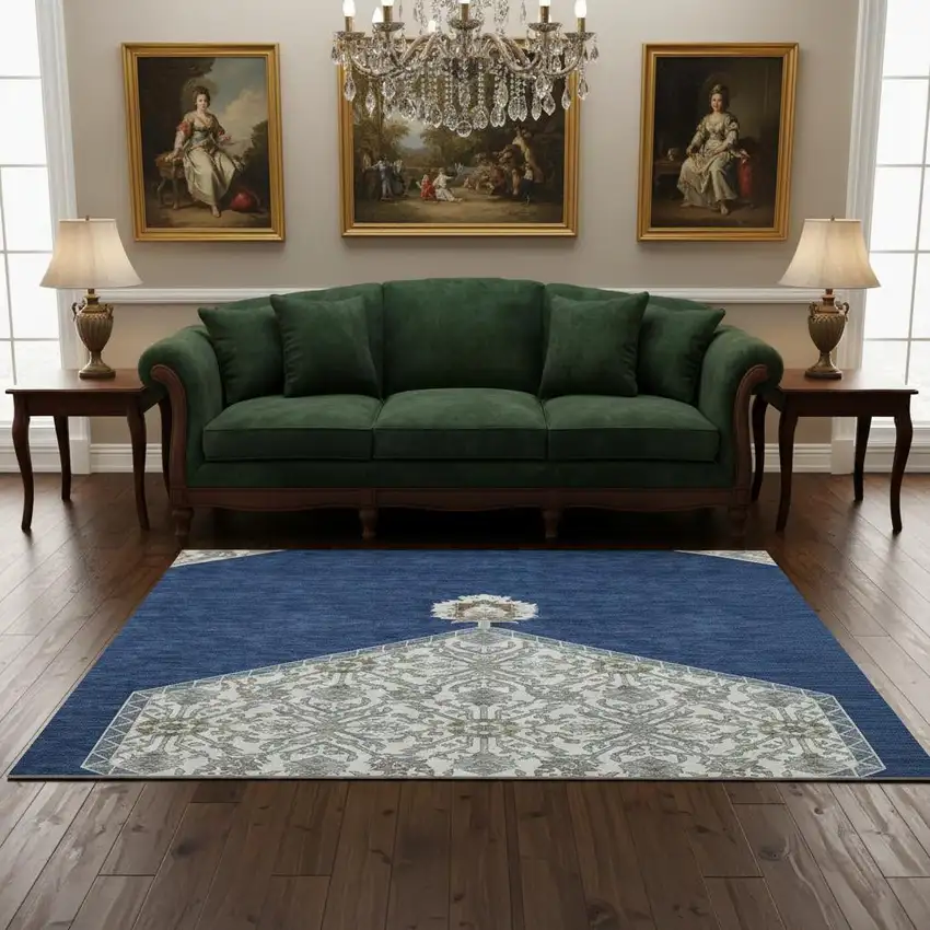 Navy Blue Ivory And Gray Oriental Washable Area Rug With UV Protection Photo 2