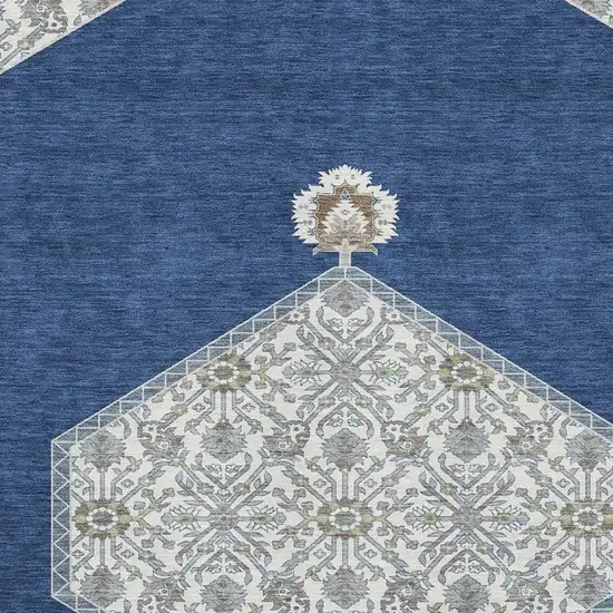 Navy Blue Ivory And Gray Oriental Washable Area Rug With UV Protection Photo 2