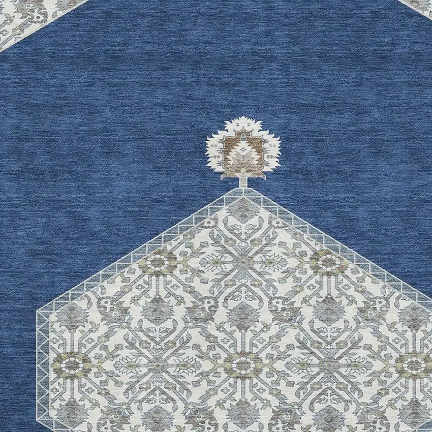 Navy Blue Ivory And Gray Oriental Washable Area Rug With UV Protection Photo 2