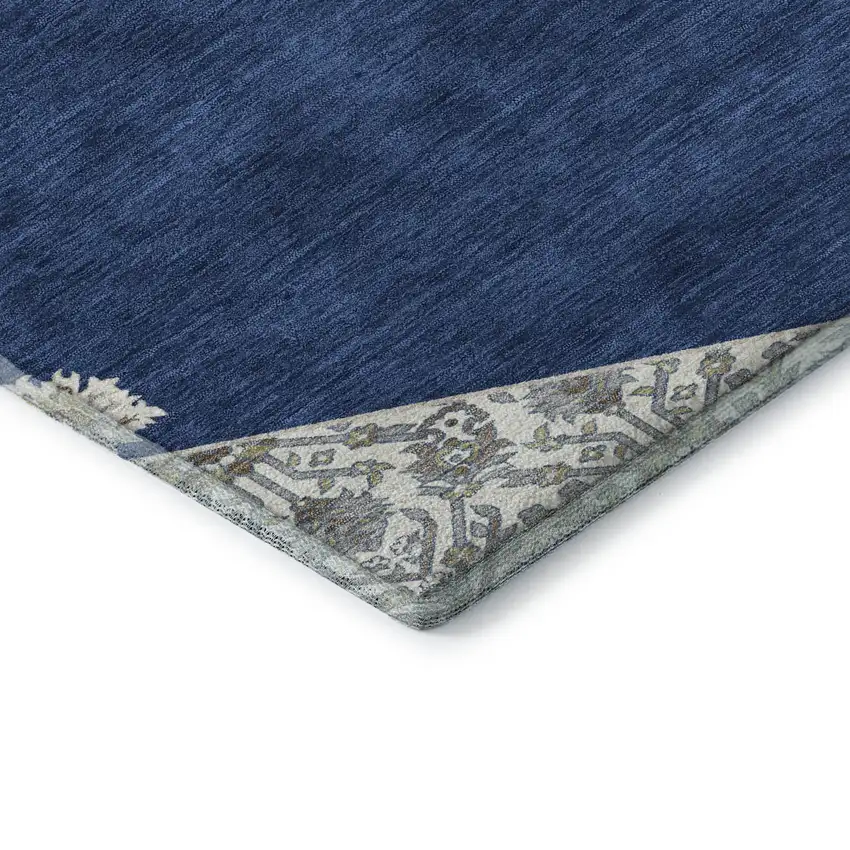 Navy Blue Ivory And Gray Oriental Washable Area Rug With UV Protection Photo 7