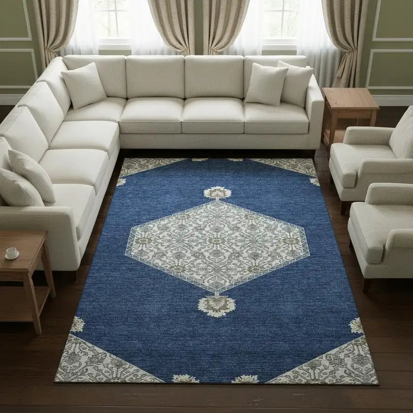 Navy Blue Ivory And Gray Oriental Washable Area Rug With UV Protection Photo 2