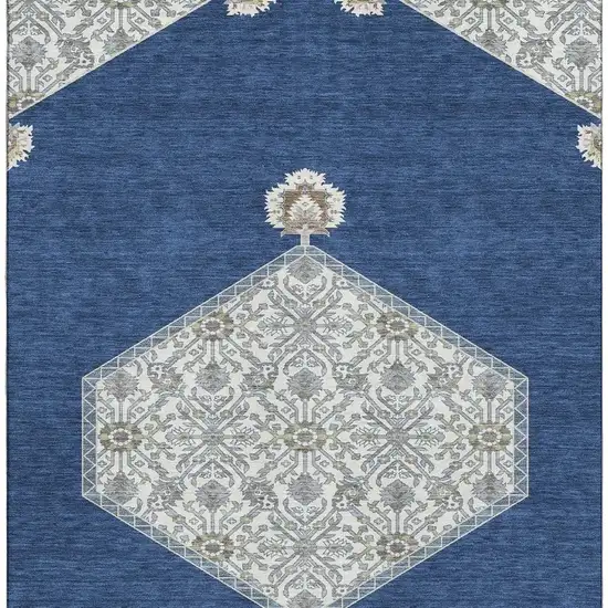 Navy Blue Ivory And Gray Oriental Washable Area Rug With UV Protection Photo 2