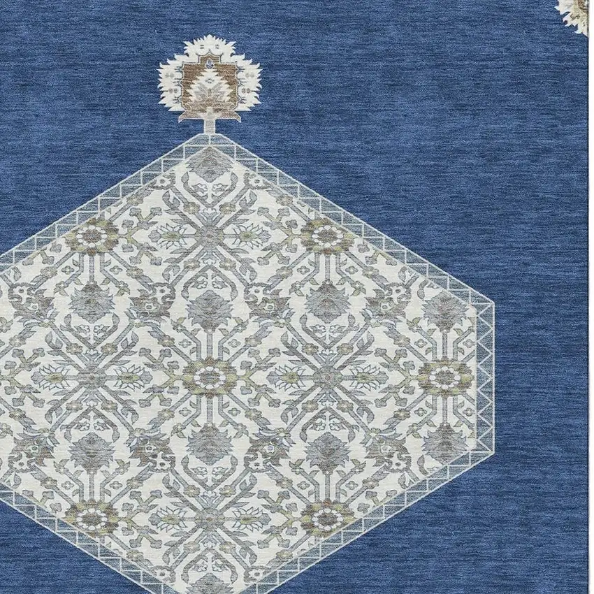 Navy Blue Ivory And Gray Oriental Washable Area Rug With UV Protection Photo 2