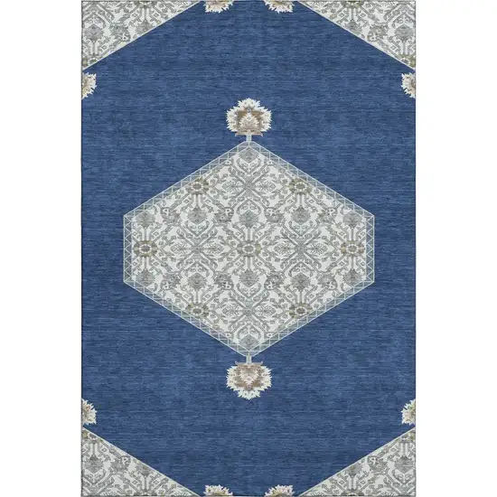 Navy Blue Ivory And Gray Oriental Washable Area Rug With UV Protection Photo 1