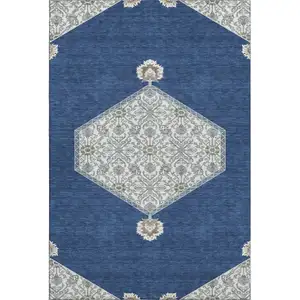 Photo of Navy Blue Ivory And Gray Oriental Washable Area Rug With UV Protection