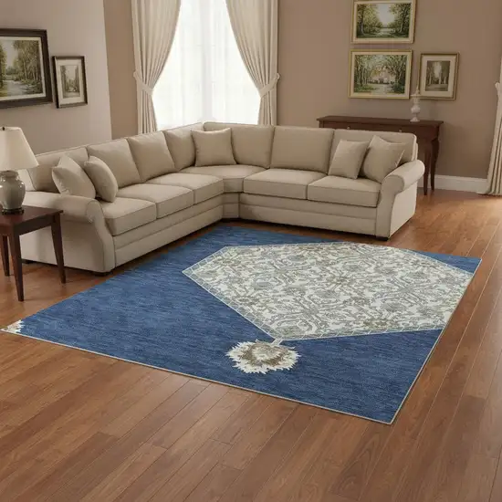 Navy Blue Ivory And Gray Oriental Washable Area Rug With UV Protection Photo 2
