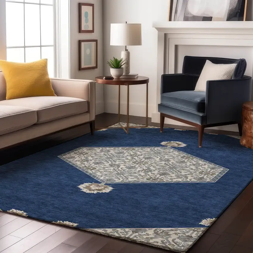 Navy Blue Ivory And Gray Oriental Washable Area Rug With UV Protection Photo 3