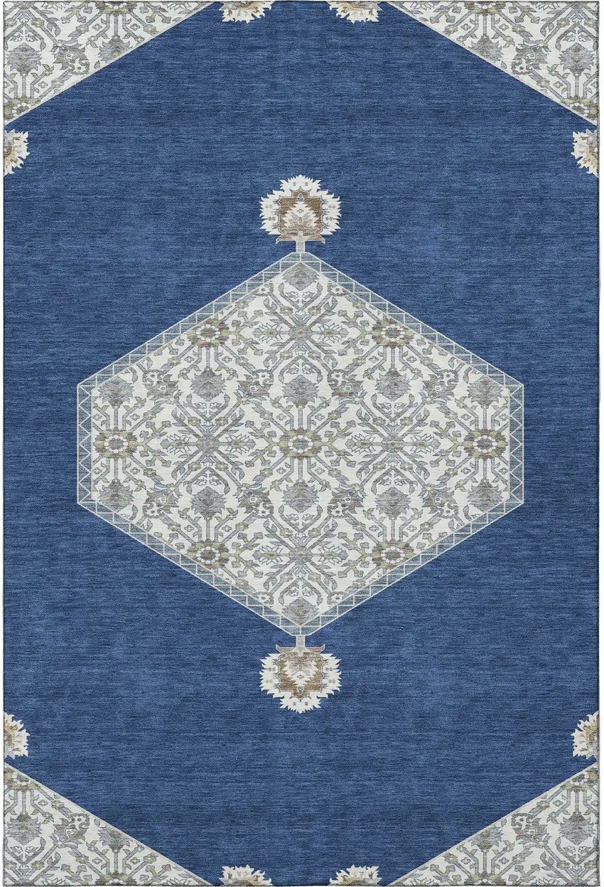 Navy Blue Ivory And Gray Oriental Washable Area Rug With UV Protection Photo 2