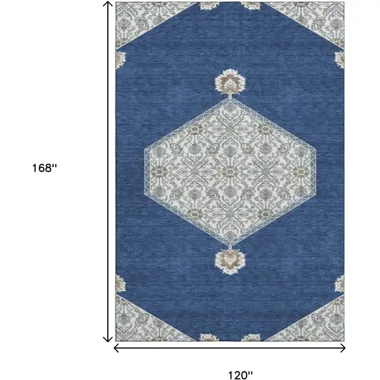 Navy Blue Ivory And Gray Oriental Washable Area Rug With UV Protection Photo 9