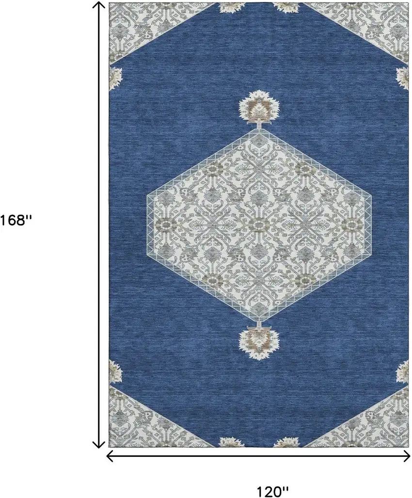 Navy Blue Ivory And Gray Oriental Washable Area Rug With UV Protection Photo 9