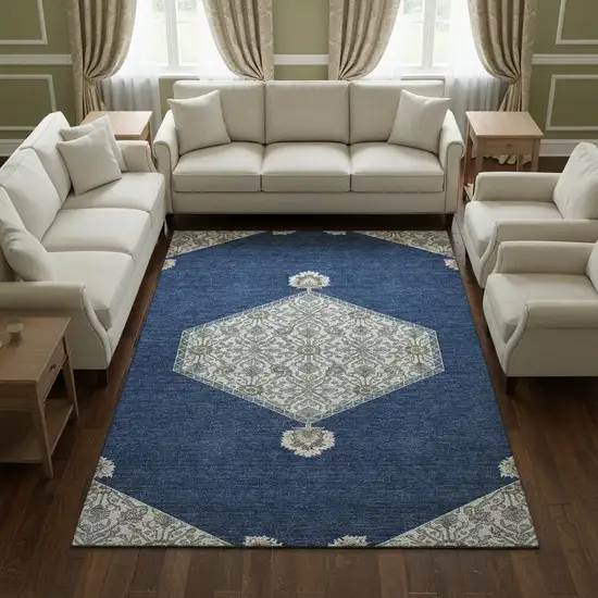 Navy Blue Ivory And Gray Oriental Washable Area Rug With UV Protection Photo 2