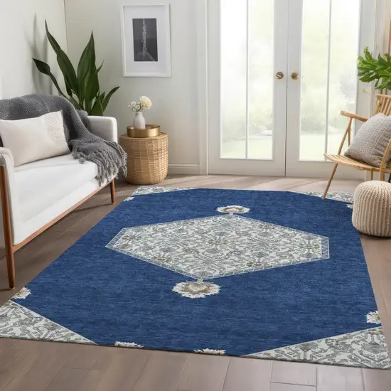 Navy Blue Ivory And Gray Oriental Washable Area Rug With UV Protection Photo 4
