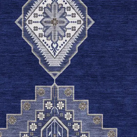 Navy Blue Ivory And Gray Oriental Washable Area Rug With UV Protection Photo 2