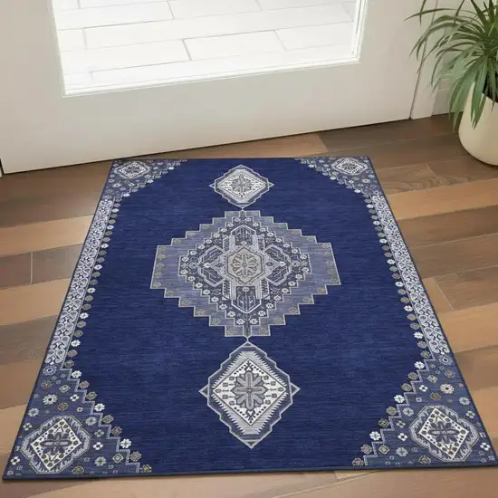 Navy Blue Ivory And Gray Oriental Washable Area Rug With UV Protection Photo 2