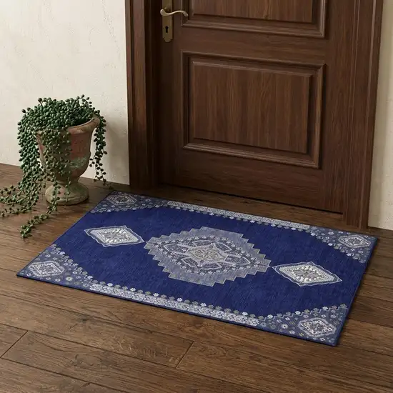 Navy Blue Ivory And Gray Oriental Washable Area Rug With UV Protection Photo 1