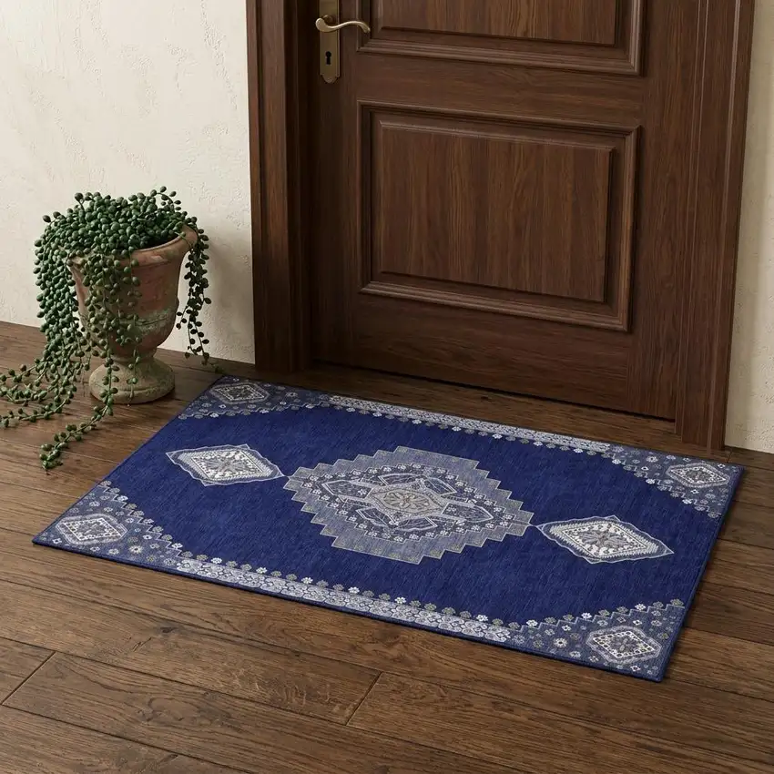Navy Blue Ivory And Gray Oriental Washable Area Rug With UV Protection Photo 1