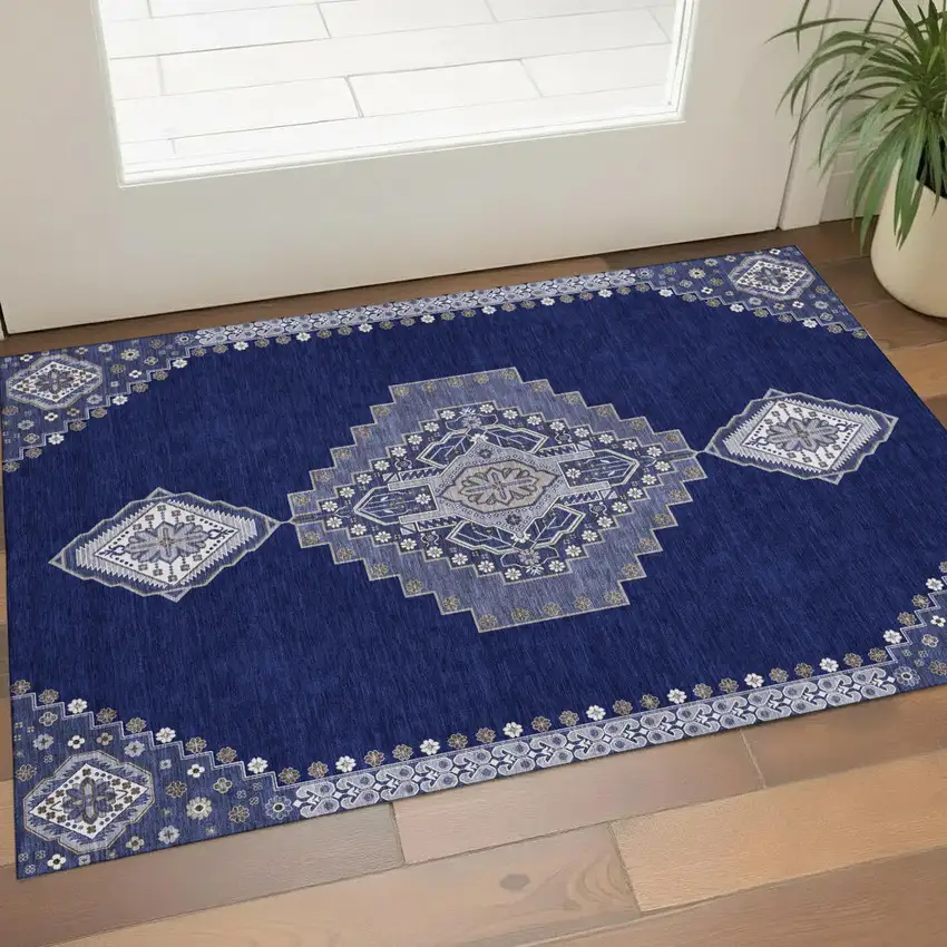 Navy Blue Ivory And Gray Oriental Washable Area Rug With UV Protection Photo 1
