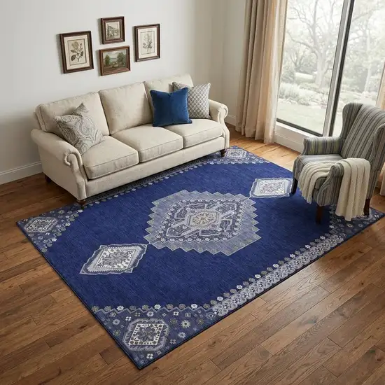 Navy Blue Ivory And Gray Oriental Washable Area Rug With UV Protection Photo 1