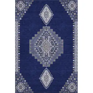 Photo of Navy Blue Ivory And Gray Oriental Washable Area Rug With UV Protection