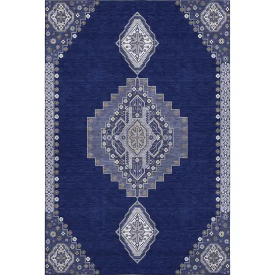 Navy Blue Ivory And Gray Oriental Washable Area Rug With UV Protection Photo 1