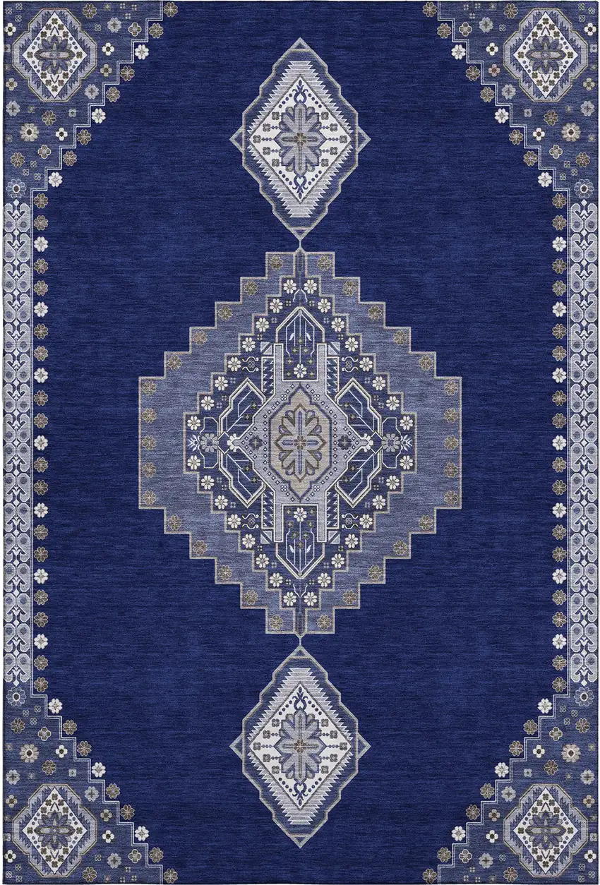 Navy Blue Ivory And Gray Oriental Washable Area Rug With UV Protection Photo 1