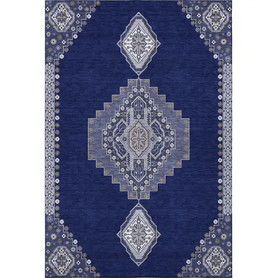 Navy Blue Ivory And Gray Oriental Washable Area Rug With UV Protection Photo 3