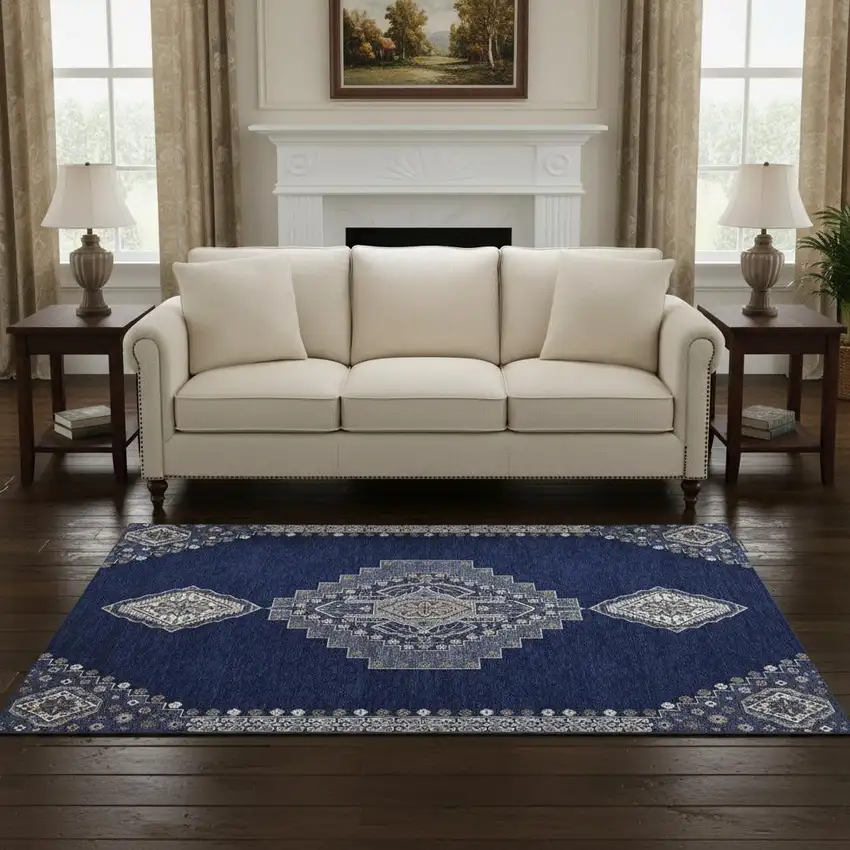 Navy Blue Ivory And Gray Oriental Washable Area Rug With UV Protection Photo 2