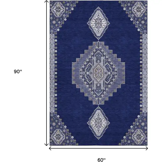Navy Blue Ivory And Gray Oriental Washable Area Rug With UV Protection Photo 7